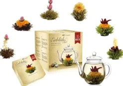 Sale Geschenkset: mix 6 theebloemen en glazen theepotje Theebloemen | Theepakket