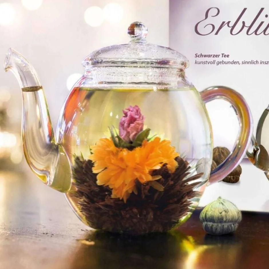 Sale Geschenkset: mix 6 theebloemen en glazen theepotje Theebloemen | Theepakket