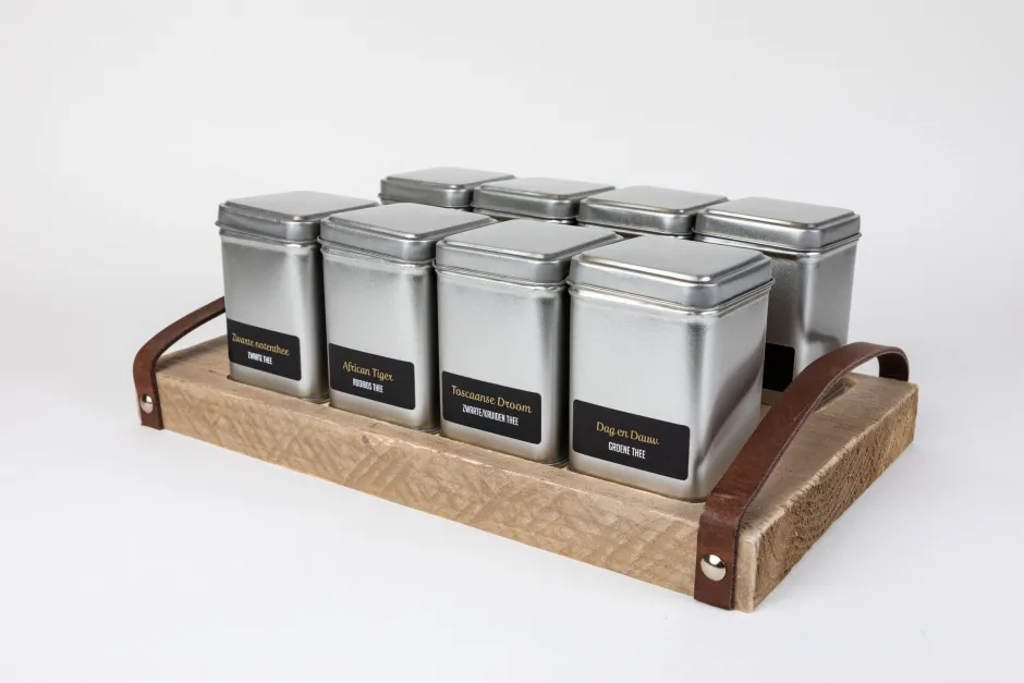 Sale Theeplank 2.0 - Blikjes vierkant - Steigerhout Theeplanken
