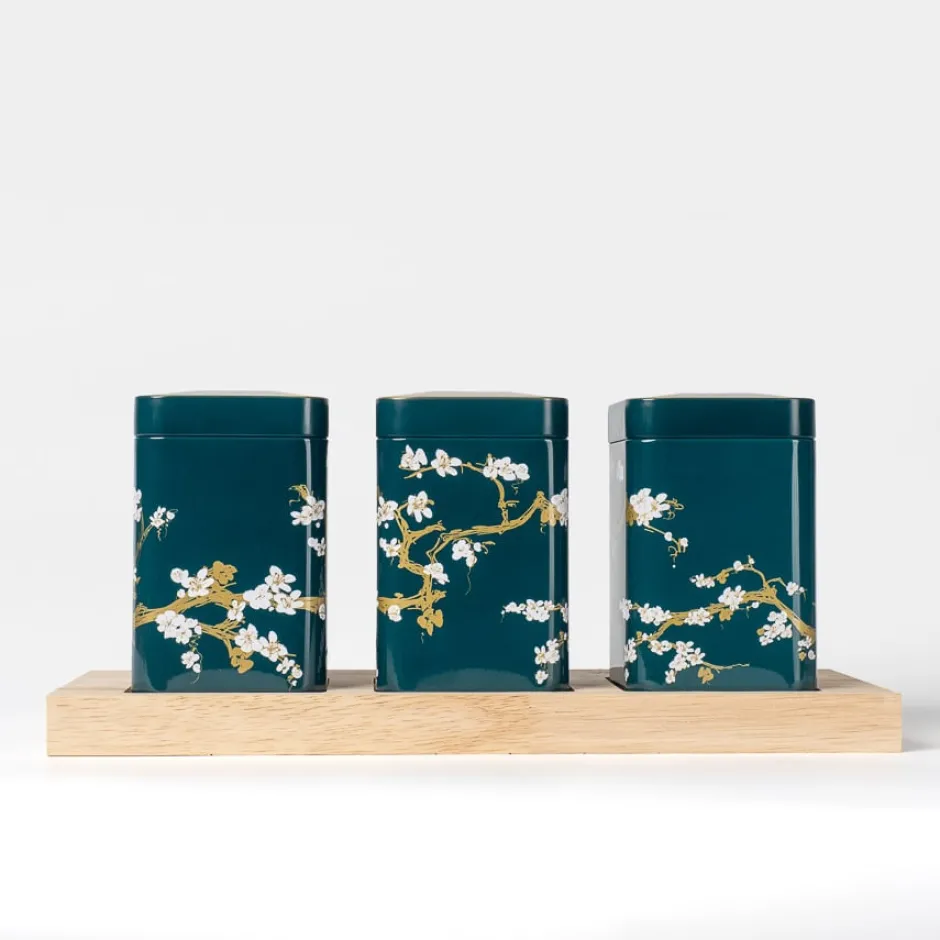 Best Theeplank met Japanse theeblikken Petrol Bewaarblikken Eigenart | Theeplanken