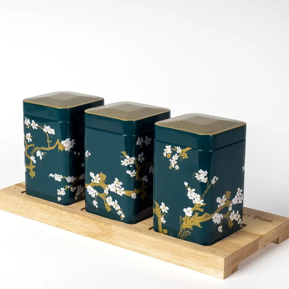 Best Theeplank met Japanse theeblikken Petrol Bewaarblikken Eigenart | Theeplanken