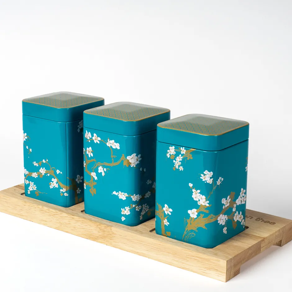 Outlet Theeplank met Japanse theeblikken Lichtblauw Bewaarblikken Eigenart | Theeplanken