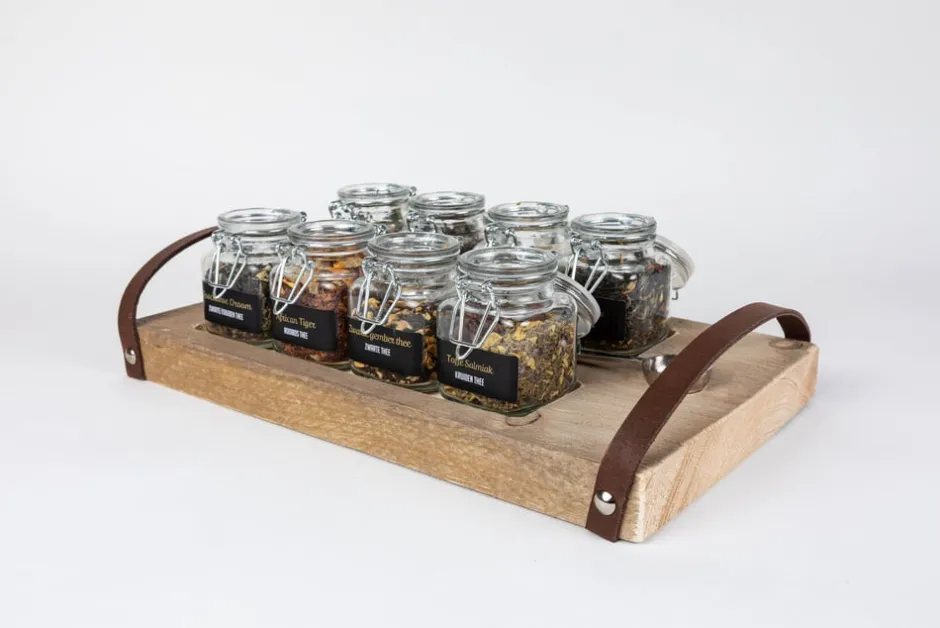 New Theeplank Steigerhout 8 Weckpotjes en lederen bandjes 2.0 Theeplanken
