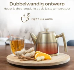 Fashion Theepot dubbelwandig rvs goud 1L Theepotten