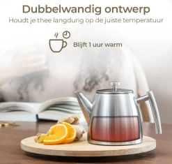 Outlet Theepot dubbelwandig rvs zilver 1 liter Theepotten