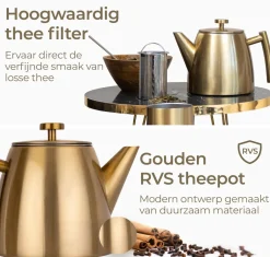 Fashion Theepot dubbelwandig rvs goud 1L Theepotten