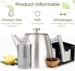 Outlet Theepot dubbelwandig rvs zilver 1 liter Theepotten